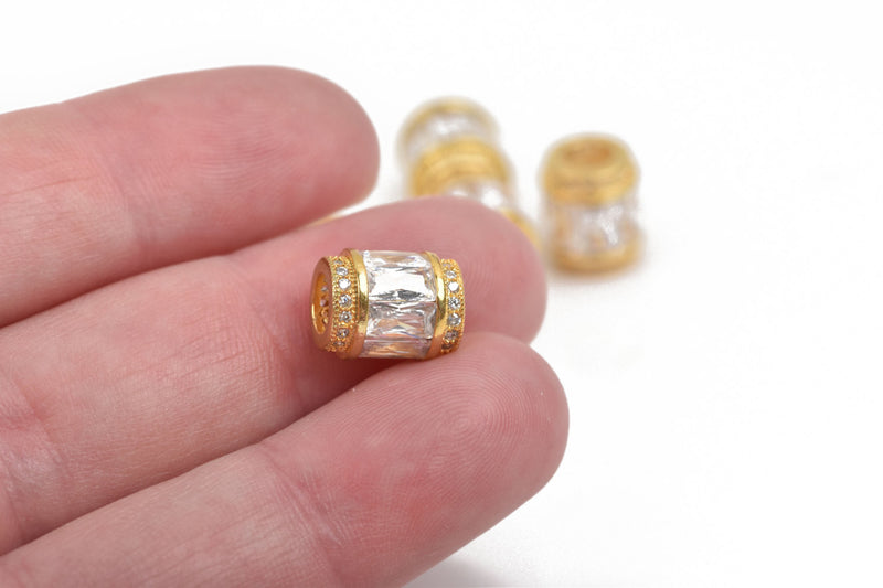 12mm Barrel Beads, Micro pave' hand-set crystals with Cubic Zirconia Stones, Large Hole, BRIGHT GOLD, chg0579
