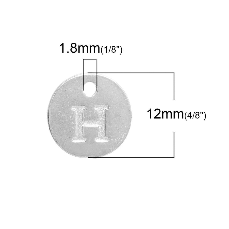 10 Letter H Alphabet Charms Silver Plated Monogram, double sided round disc letter charms, dot charms, 12mm, (1/2") chs2999