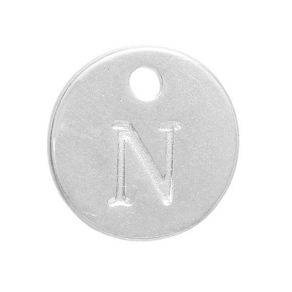 10 Letter N Alphabet Charms Silver Plated Monogram, double sided round disc letter charms, dot charms, 12mm, (1/2") chs3001