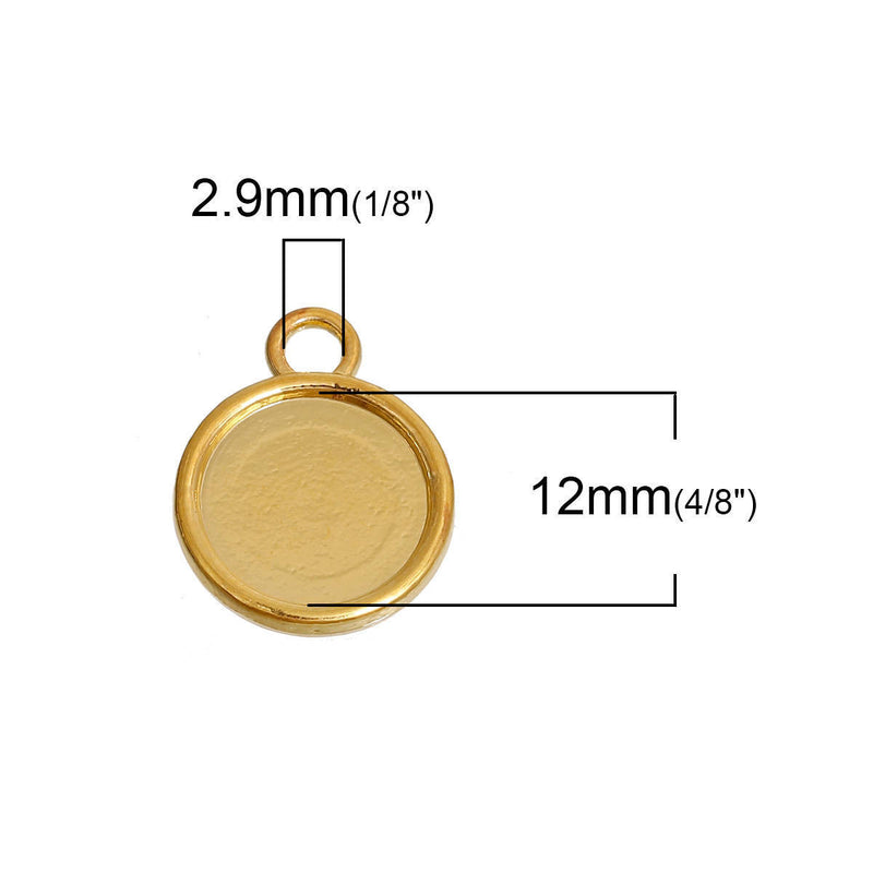 50 Gold Round Circle CABOCHON SETTING Bezel Frame Charm Pendants (fits 12mm cabs), Double sided can fit 2 cabochons, chs3006b