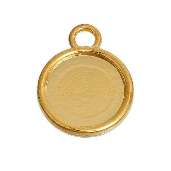 10 Gold Round Circle CABOCHON SETTING Bezel Frame Charm Pendants (fits 12mm cabs), Double sided can fit 2 cabochons, chs3006a