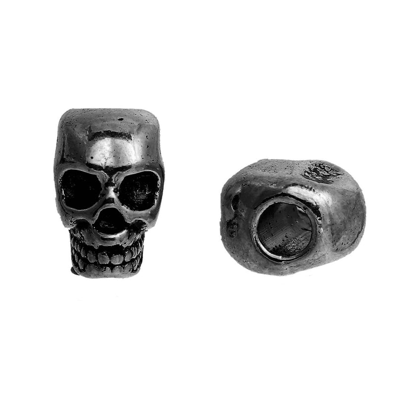 10 Gunmetal Metal SKULL Beads, Large Hole, drilled top to bottom, great for leather cord, 12mm, bme0410a
