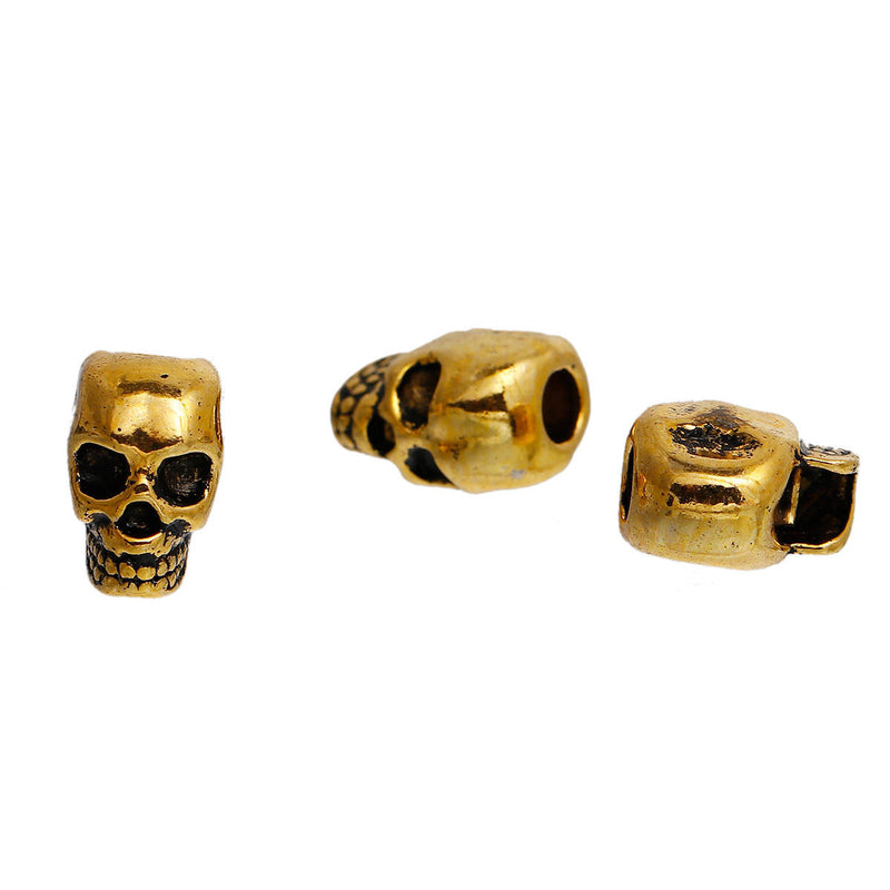 10 Gold Metal SKULL Beads, Large Hole, drilled top to bottom, great for leather cord, 12mm, bme0411a