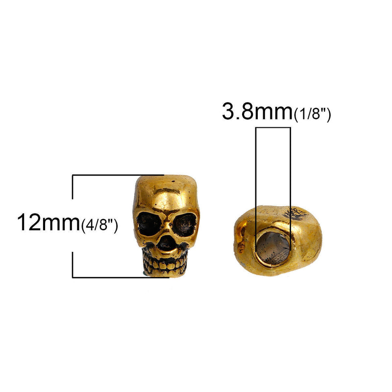 30 Gold Metal SKULL Beads, Large Hole, drilled top to bottom, great for leather cord, 12mm, bme0411b