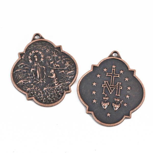 4 Copper Relic Charm Pendants, religious medal coin charms, copper plated metal, double sided design, 40x34mm, chc0079