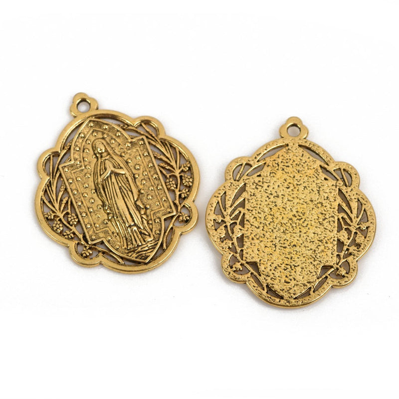 5 Gold Relic Charm Pendants, religious medal coin charms, Gold plated metal, 34x29mm, chg0587