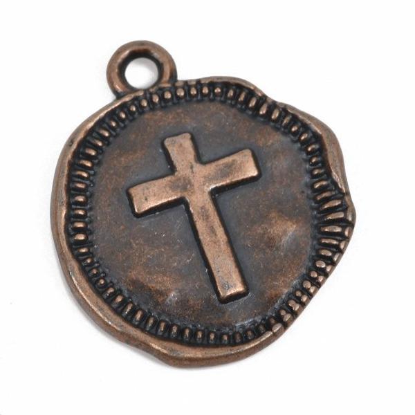 10 Copper Coin Relic Charm Pendants, Cross with wax seal, round coin charms, 22x19mm, chc0080