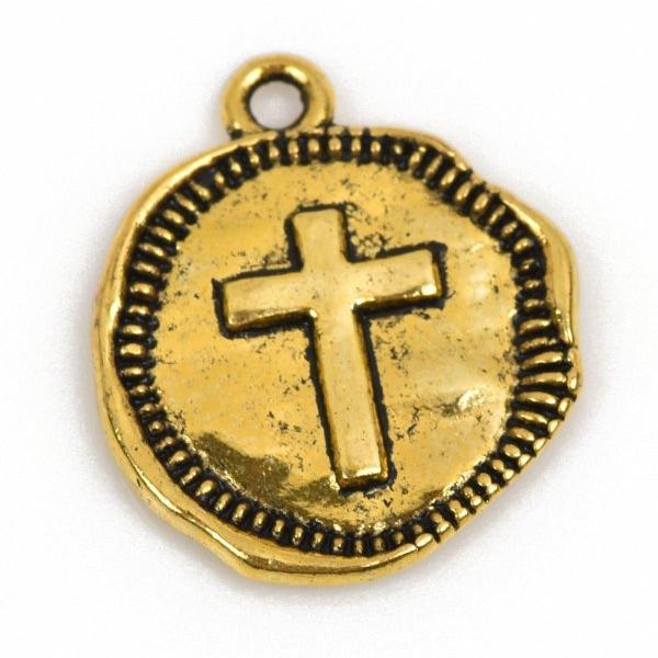 10 Gold Coin Relic Charm Pendants, Cross with wax seal, round coin charms, 22x19mm, chg0588