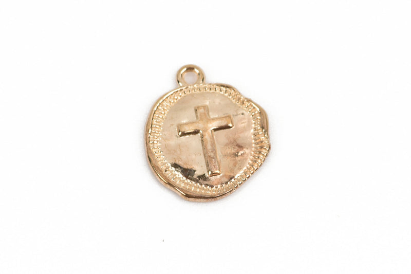 10 Light Gold Coin Relic Charm Pendants, Cross with wax seal, round coin charms, 22x19mm, chg0589