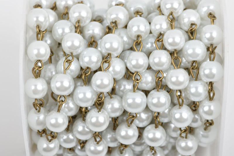 13 feet spool White Pearl Rosary Chain, bronze links, 8mm round glass pearl beads, fch0242b