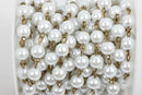 1 yard White Pearl Rosary Chain, bronze, 8mm round glass pearl beads, fch0242a