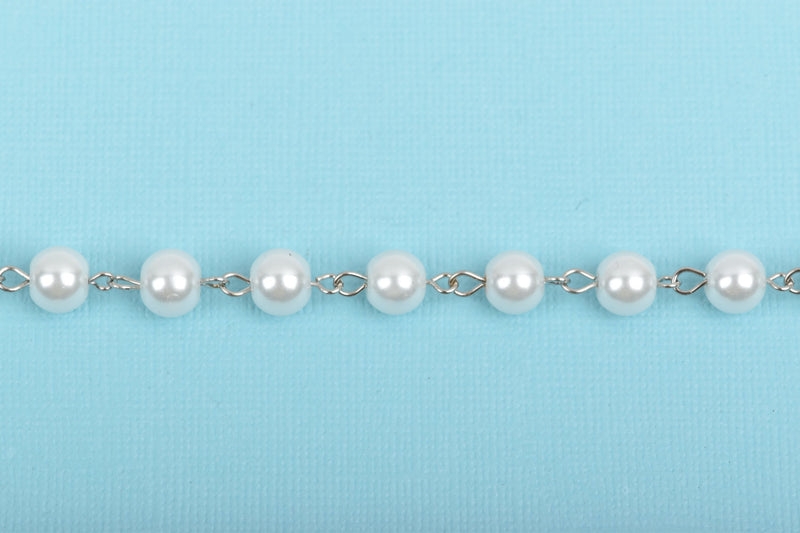 1 yard White Pearl Rosary Chain, silver links, 8mm round glass pearl beads, fch0240a