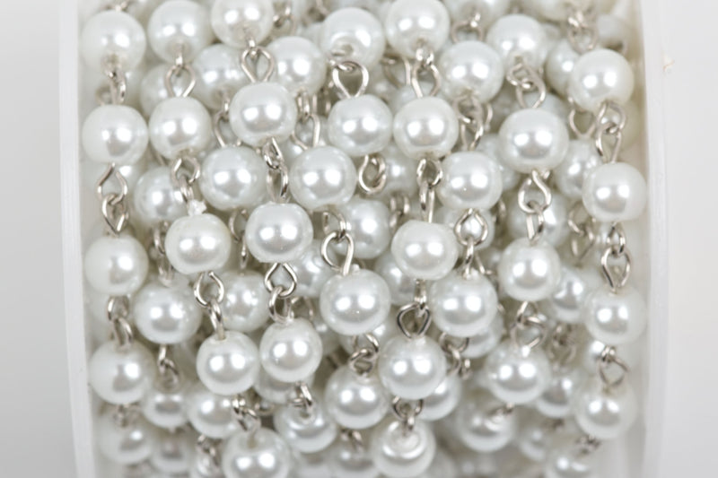 1 yard White Pearl Rosary Chain, silver, 6mm round glass pearl beads, fch0237a
