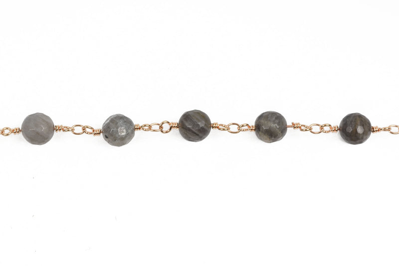1 yard LABRADORITE GEMSTONE Rosary Chain, light gold links, 8mm round faceted gemstone beads, fch0578a