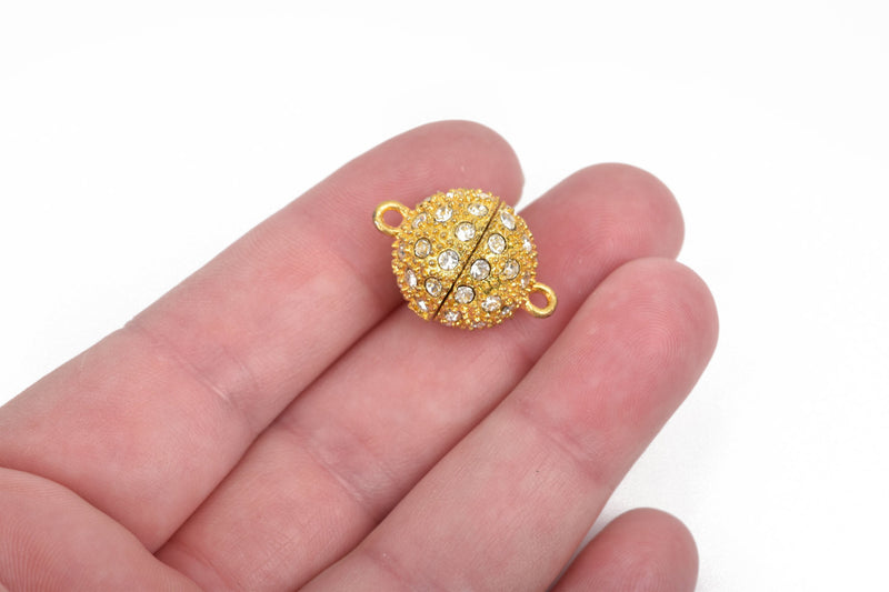 16mm Gold Magnetic Rhinestone Ball Clasp with Pave' RHINESTONES, 2 sets, fcl0231