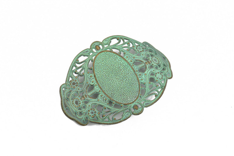 2 Large Bronze Filigree Cuff Bracelet Findings, Green Verdigris Patina, Sideways Curved Connector Links, 67x51mm, (2-5/8" long) chb0514