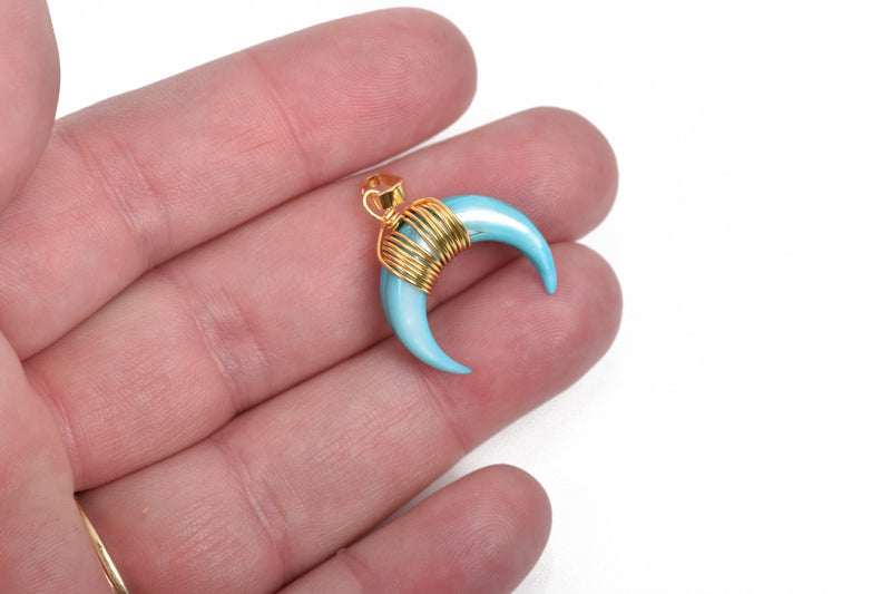 TURQUOISE BLUE Double Horn Charm Pendant, Crescent Horn, Gold Wire Wrap, Upside Down Moon, Dyed Shell, 20mm (3/4") cho0191