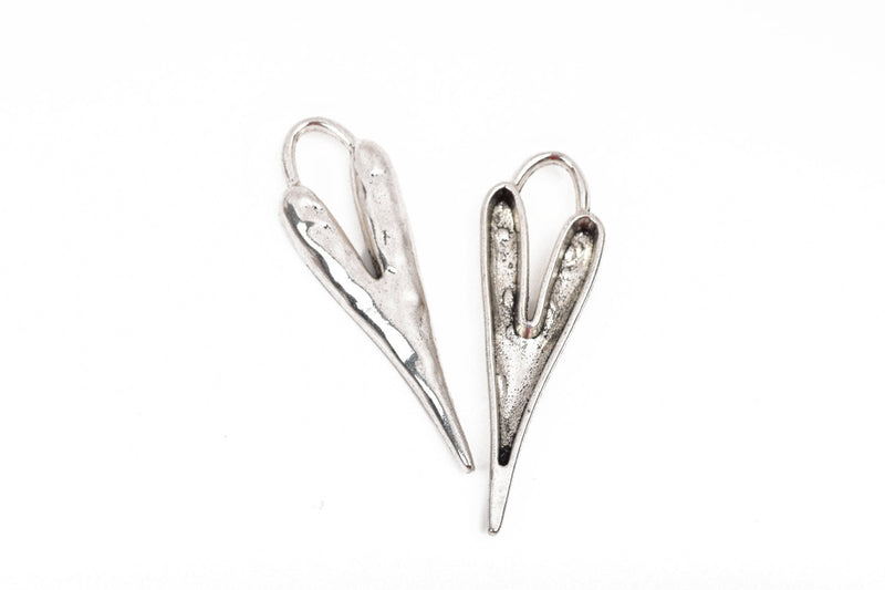5 HEART Charm Pendants, hammered silver metal, stylized elongated heart, 60x18mm, 2-3/8" long chs2837
