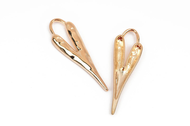 HEART Charm Pendants, hammered light gold metal, stylized elongated heart, 60x18mm, 2-3/8" long chg0592