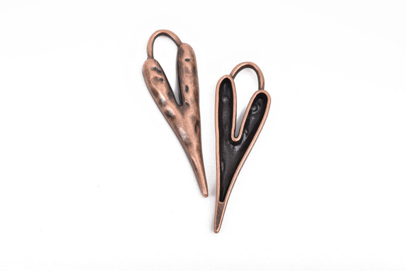 5 HEART Charm Pendants, hammered copper metal, stylized elongated heart, 60x18mm, 2-3/8" long chc0083