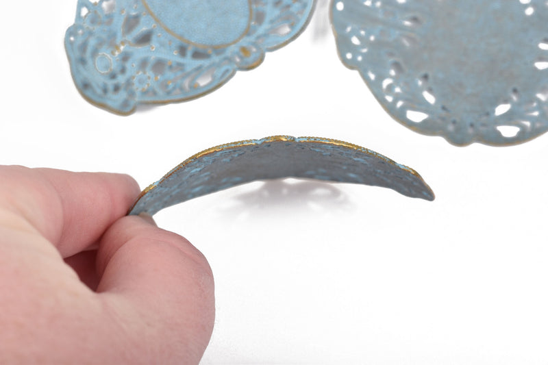 2 Large Bronze Filigree Cuff Bracelet Findings, Blue Verdigris Patina, Sideways Curved Connector Links, 67x51mm, (2-5/8" long) chb0515