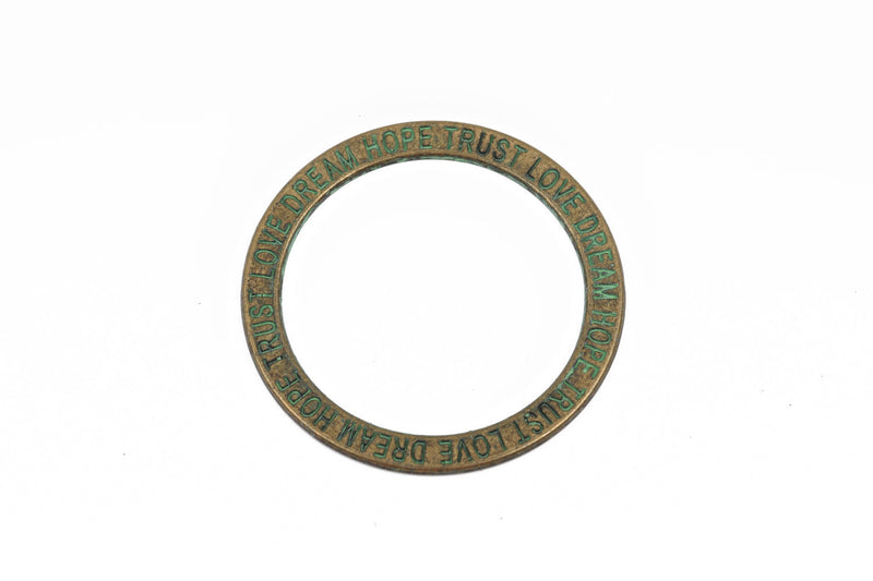 5 Bronze Affirmation Rings, Stamped Circle Washer Connector Links, "Trust Love Dream Hope" Verdigris Patina, 35mm, chb0516