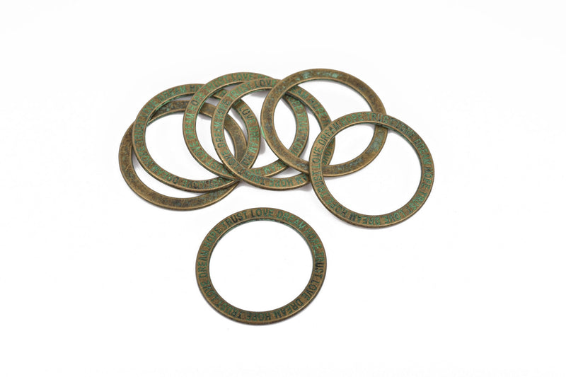 5 Bronze Affirmation Rings, Stamped Circle Washer Connector Links, "Trust Love Dream Hope" Verdigris Patina, 35mm, chb0516