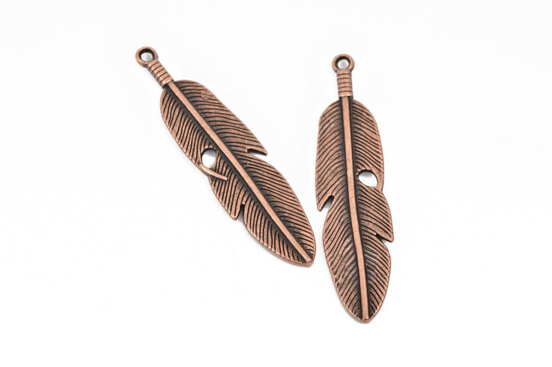 5 Copper FEATHER Charms, Oxidized Copper metal charms, Copper feather pendants, 61x15mm, 2-3/8" long chc0084