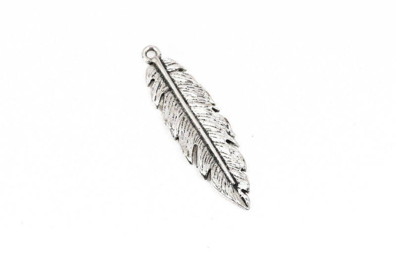 10 Silver FEATHER Charms, Silver metal charms, Silver feather pendants, 41x12mm, 1-5/8" long chs2849