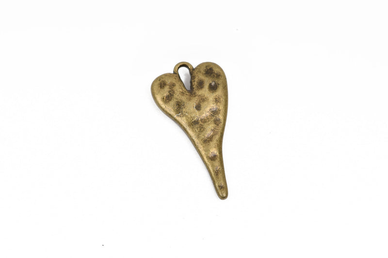 5 HEART Charm Pendants, hammered bronze metal, stylized elongated heart, 27x14mm, 1-1/8" long chb0521