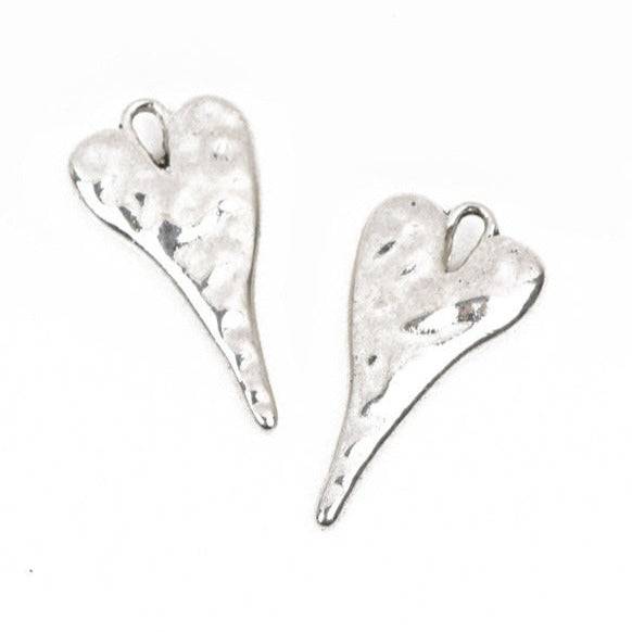 5 HEART Charm Pendants, hammered silver metal, stylized elongated heart, 27x14mm, 1-1/8" long chs2853