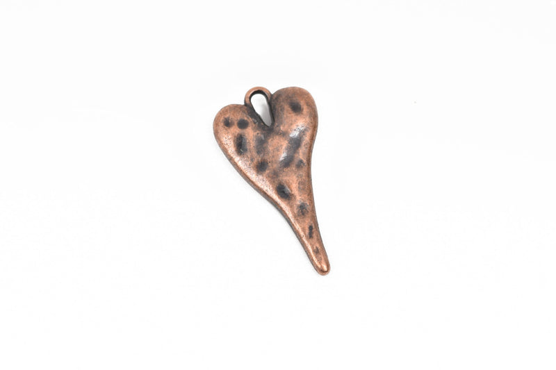 5 HEART Charm Pendants, hammered copper metal, stylized elongated heart, 27x14mm, 1-1/8" long chc0088