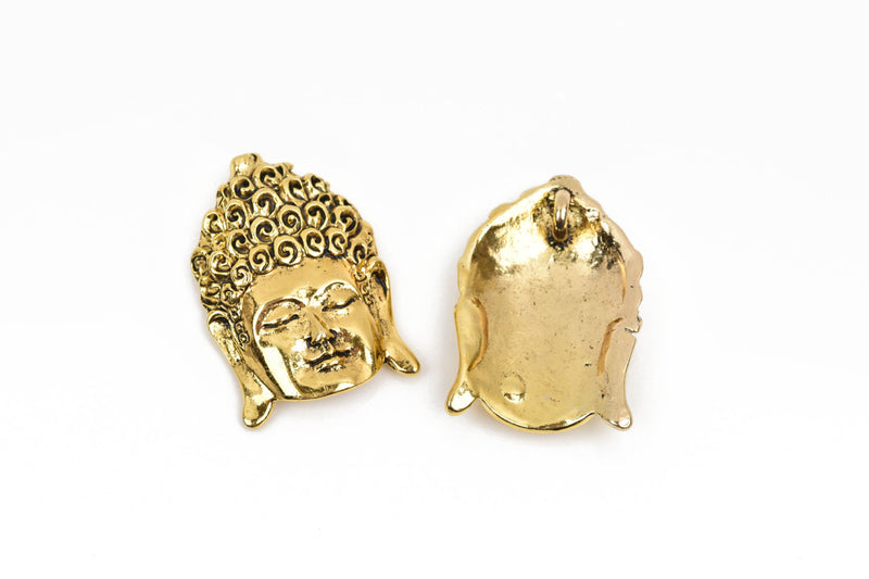 2 BUDDHA HEAD charm pendants, antiqued gold metal, religious icon, 38x27mm, chg0604