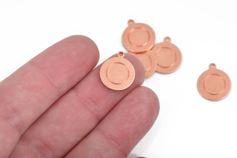 10 Copper Border Circle Disc Charm, metal stamping blanks with top loop, 13mm (1/2") 18 gauge, msb0413