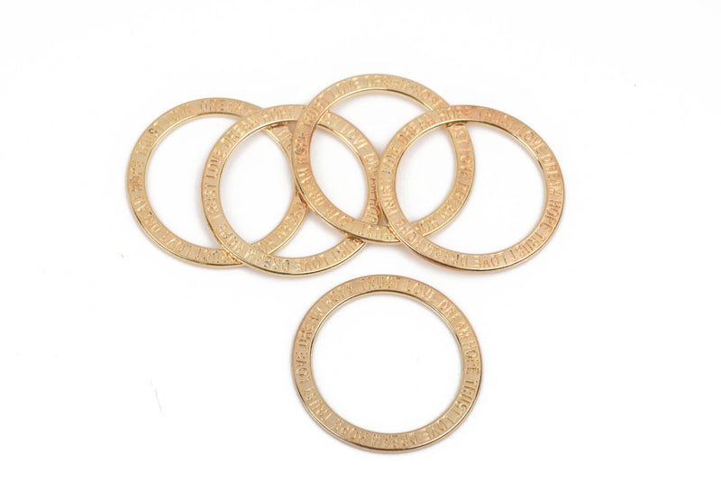 5 Light Gold Affirmation Rings, Stamped Circle Washer Connector Links, "Trust Love Dream Hope" 35mm, chg0609