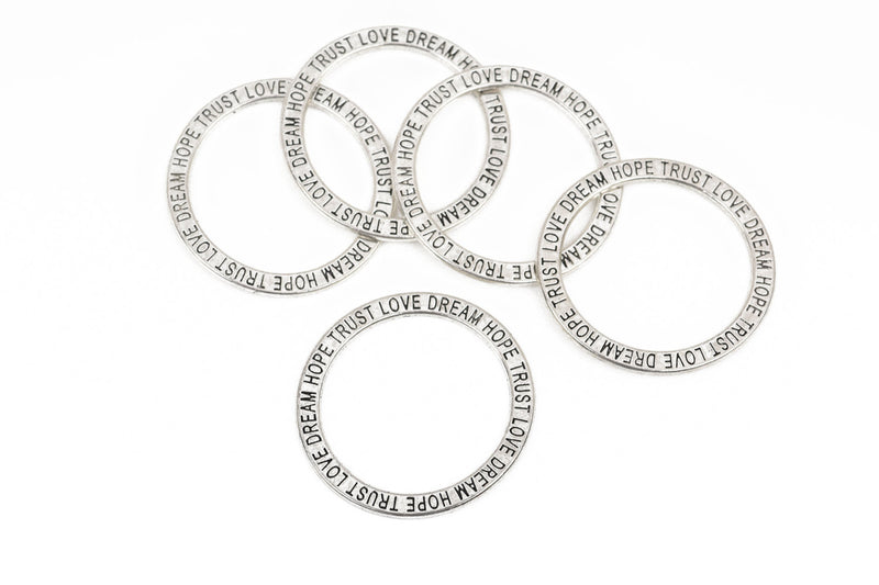 5 Silver Affirmation Rings, Stamped Circle Washer Connector Links, "Trust Love Dream Hope" 35mm, chs2855