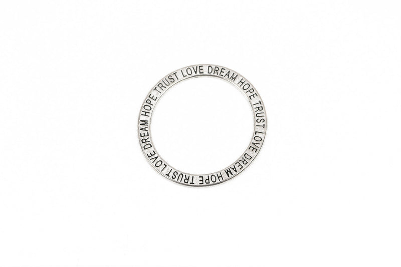 5 Silver Affirmation Rings, Stamped Circle Washer Connector Links, "Trust Love Dream Hope" 35mm, chs2855