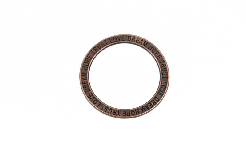 5 Copper Affirmation Rings, Stamped Circle Washer Connector Links, "Trust Love Dream Hope" 35mm, chc0091