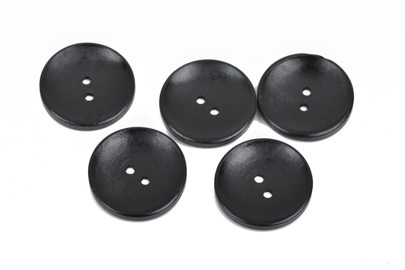 30 Large Black Wood Buttons, 30mm or 1-1/8" diameter 2 holes, black coat buttons, but0263