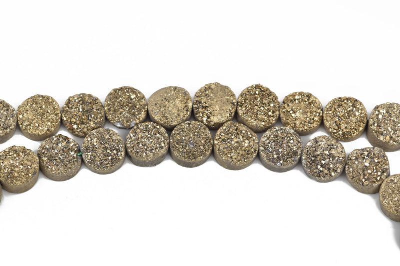 4 DRUZY Natural GEMSTONE Quartz Geode Cabochon Beads, Round, 10mm, 3/8" Champagne GOLD, flatback with hole,  gdz0199