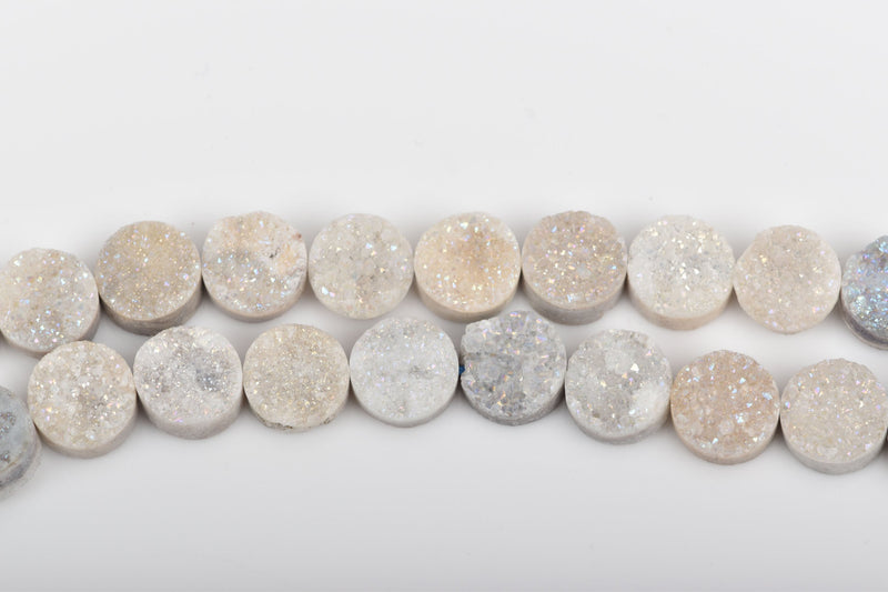 4 DRUZY Natural GEMSTONE Quartz Geode Cabochon Beads, Round, 10mm, 3/8" Starlight White AB, flatback with hole,  gdz0197