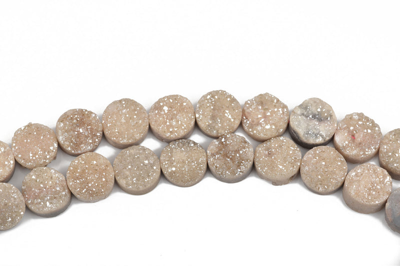 4 DRUZY Natural GEMSTONE Quartz Geode Cabochon Beads, Round, 10mm, 3/8" Champagne TAN, flatback with hole,  gdz0196