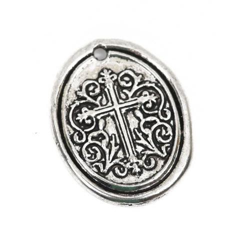 5 Silver Cross Relic Charm Pendants, wax seal style, oval coin charms, Silver plated metal, double sided design, 27x21mm, chs2861
