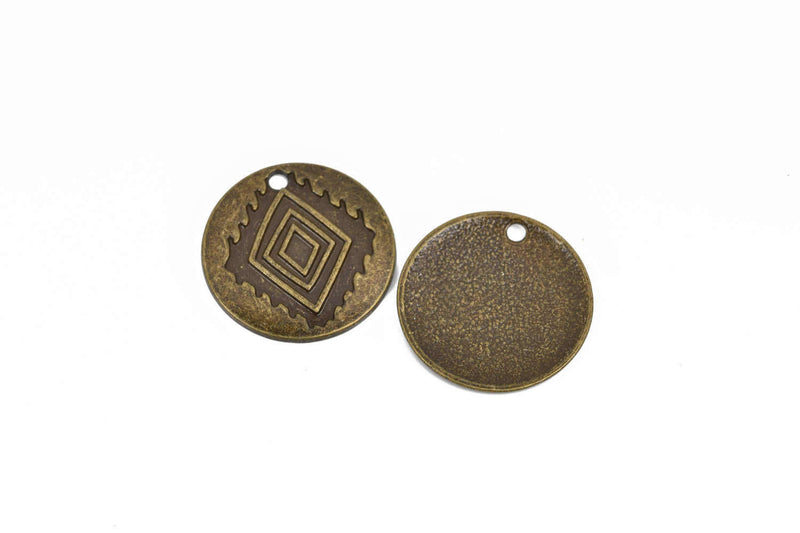 5 Southwest Charms, Bronze Diamond Pattern Charms, Southwest Style Pendant Charms, 30mm, chs2870