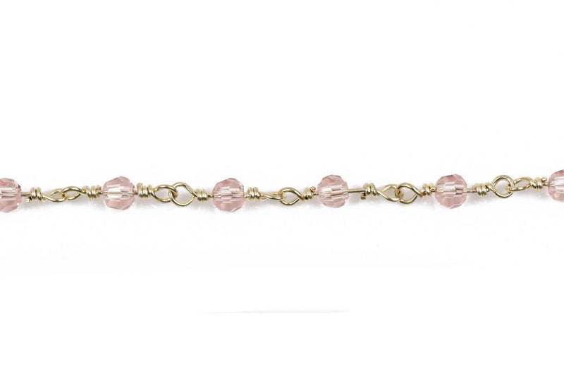 1 yard LIGHT PINK Crystal Rosary Chain, bright gold double wrap loops, 4mm round faceted crystal beads, fch0580a