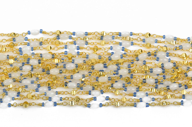 1 yard (3 feet) BLUE and WHITE Glass Rosary Bead Chain, gold double wrapped wire, 6mm oval glass beads, fch0582a