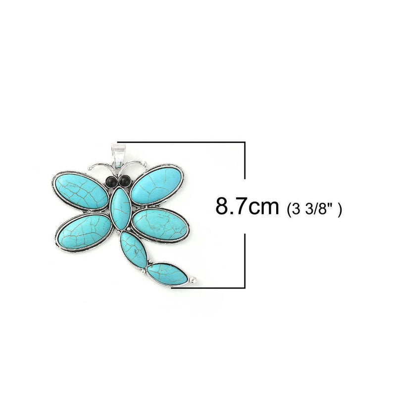 1 Silver DRAGONFLY PENDANT Charm with faux turquoise and black eyes, Silver Bail, 3-3/8" tall chs2871