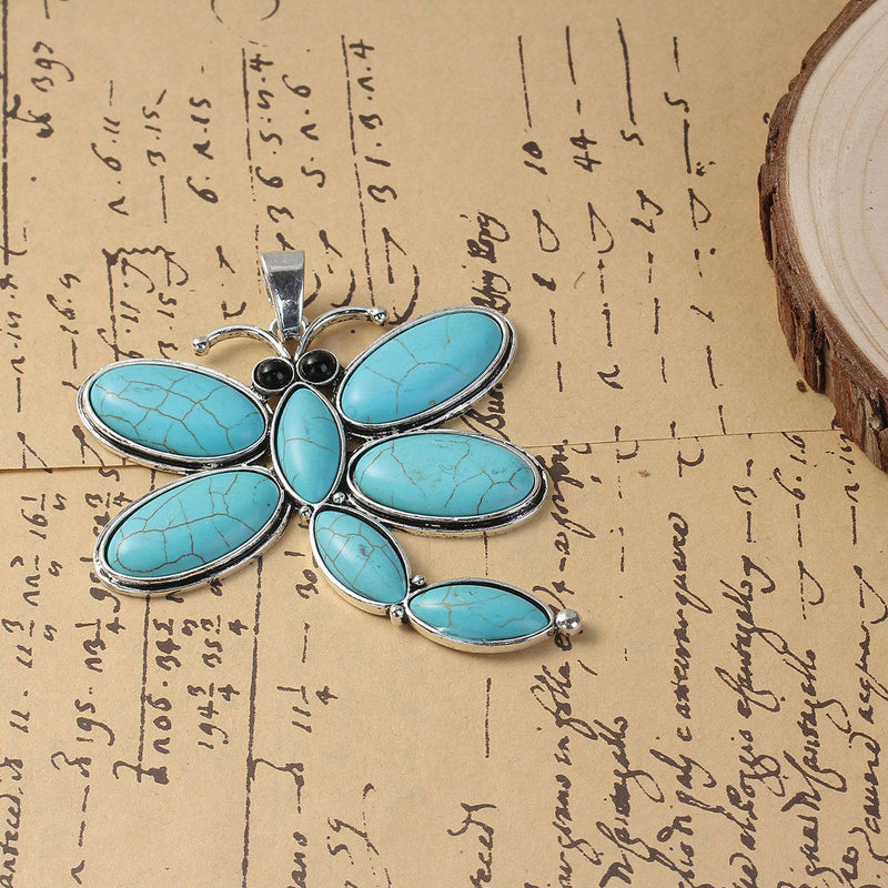 1 Silver DRAGONFLY PENDANT Charm with faux turquoise and black eyes, Silver Bail, 3-3/8" tall chs2871