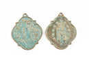 4 Light Gold Patina Relic Charm Pendants, religious medal coin charms with green verdigris patina, double sided design, 40x34mm, chs2878