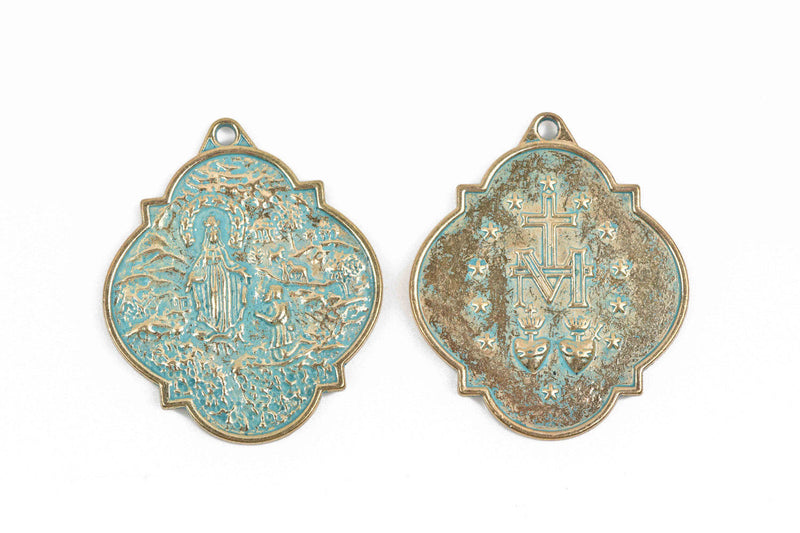 4 Light Gold Patina Relic Charm Pendants, religious medal coin charms with green verdigris patina, double sided design, 40x34mm, chs2878